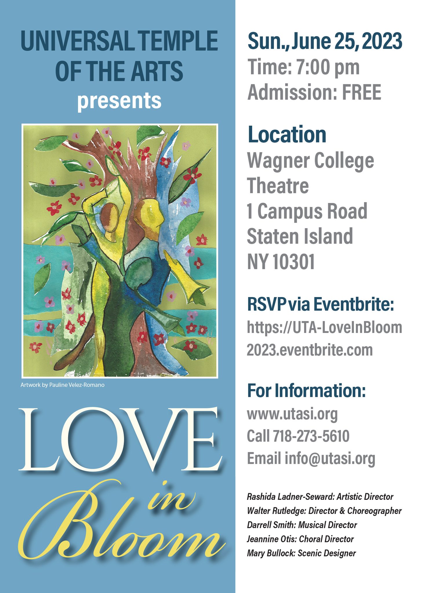 Flyer for the Love in Bloom event, a performance featuring dance, music, visual art, and poetry presented by the Universal Temple of the Arts.