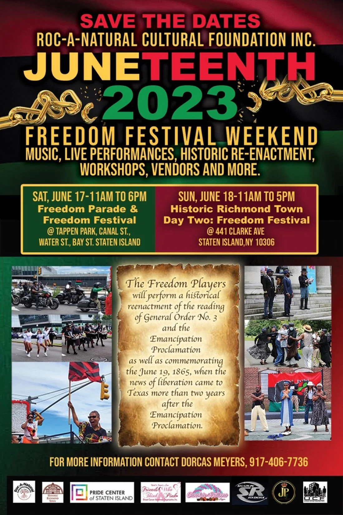 Flyer for the Juneteenth 2023 Freedom Festival in Staten Island featuring music, performances, historic re-enactments, workshops, and more.